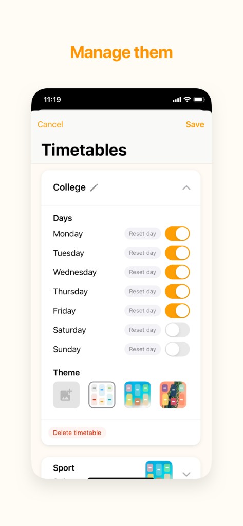 Manage timetables screen with day toggles and theme thumbnails