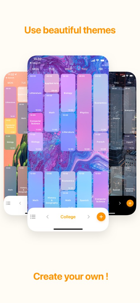 Three phone screens showing different timetable themes including light and dark styles