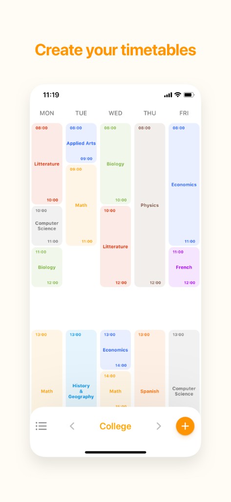 My Timetable app showing a weekly schedule with color-coded subjects from Monday to Friday